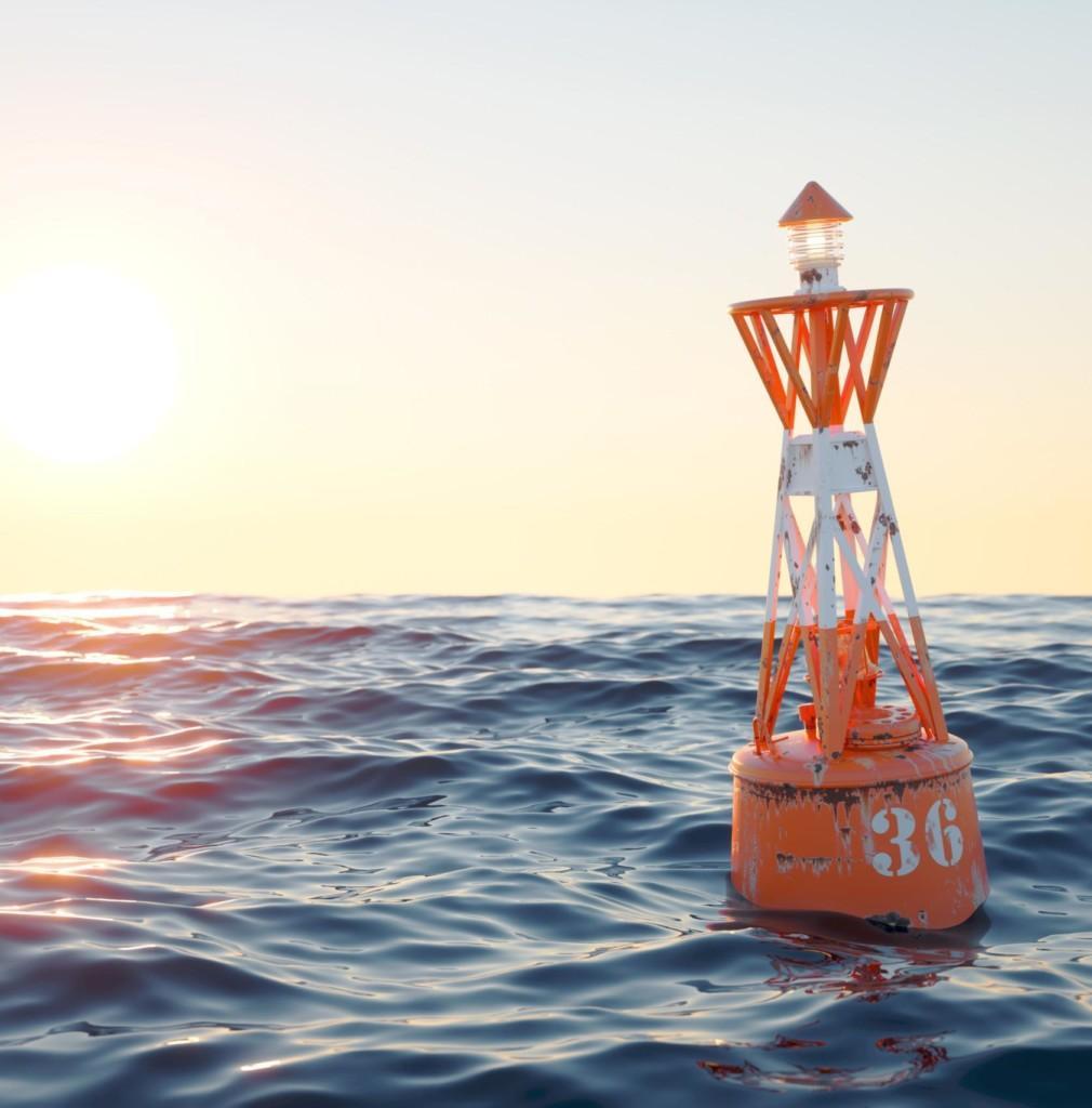 Buoy,In,The,Open,Sea,On,The,Sunset,Background.,3d
